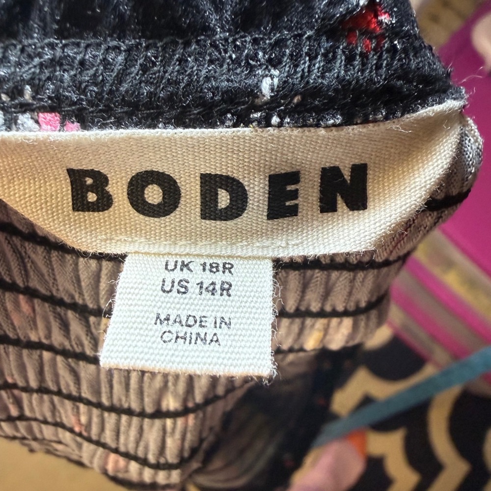 Boden Black Floral Smocked‎ Midi Dress Square Neck Cross Back Feminine 14R - Picture 3 of 9